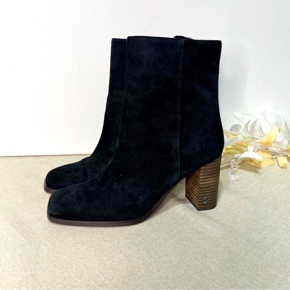 Sam Edelman Osten Black Suede Leather Stacked Heel Mid Calf Boots Shoes 8 - Picture 4 of 15